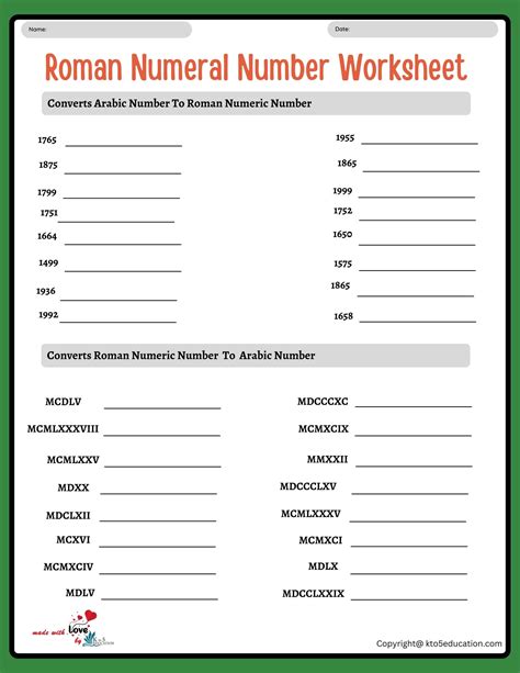Roman Numeral Year Practice Worksheets Grade Free