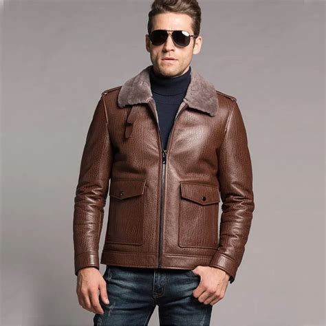 men s shearling jacket leather coat flight jacket genuine leather brown short jacket for men