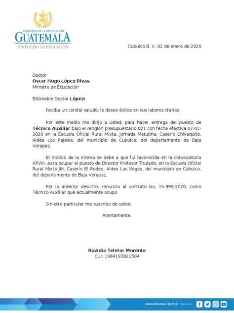 Modelo Carta De Entrega De Cargo Ascenso O Permuta Pdf Guatemala