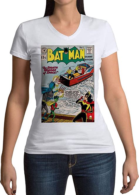 Womens V Neck T Shirt Batman Cover Comics Super Hero Vintage White