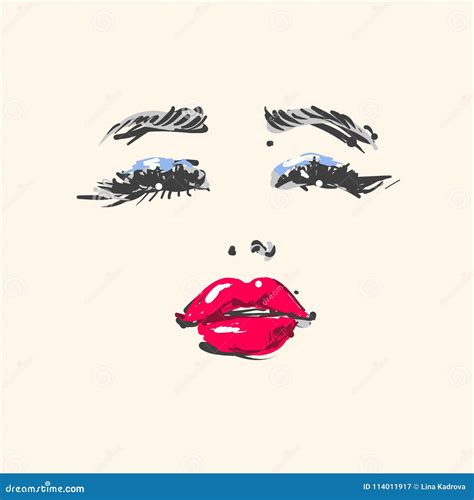 Young Beautiful Woman Fashion Portrait Face Looking Up With Red Lipstick And Blue Eyeshadow