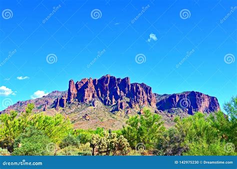 Saguaro Cactus Superstition Mountain Range Blue Skies Arizona Stock