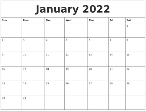 January 2022 Printable Daily Calendar