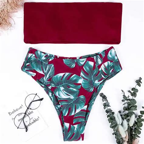 buy bandeau green leaves female swimsuit high waist bikini 2019 women swimwear