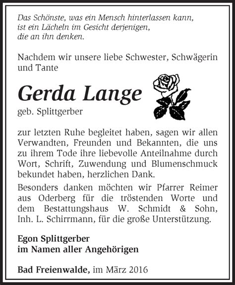 Traueranzeigen Von Gerda Lange Märkische Onlinezeitung Trauerportal