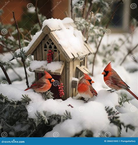 Winter Scene Of Cardinals At A Birdhouse Stock Illustration