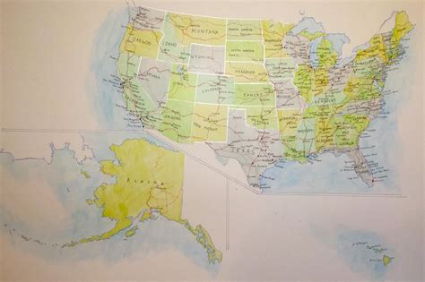 Hand Drawnpainted Map Of The United States Of America Map Painting