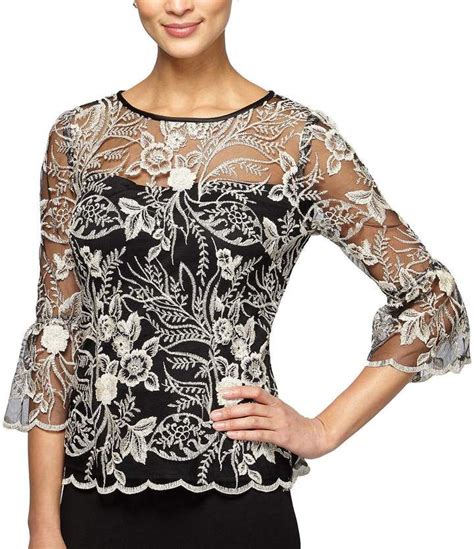 Alex Evenings Embroidered Illusion Bell Sleeve Blouse Evening Blouses