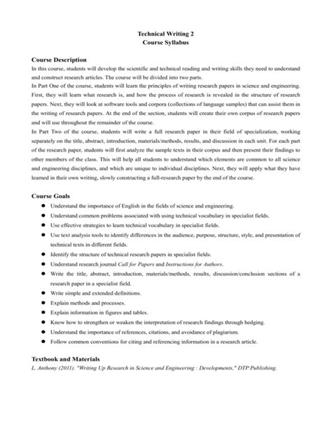 Technical Writing 2 Course Syllabus Course Description