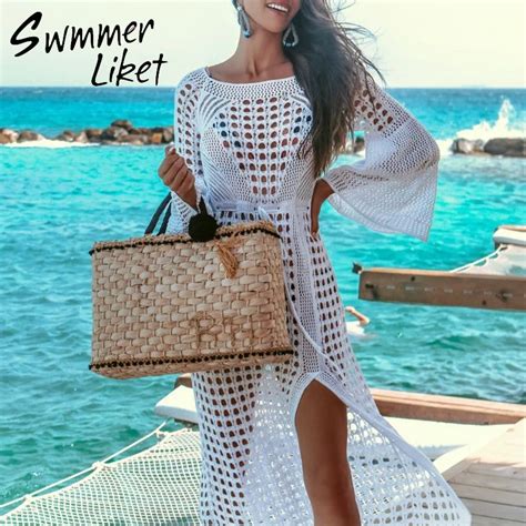 Crochet Cover Ups Sexy White Beach Sarong Bikini Cover Up Long Sleeve Beach Dress 2019 New