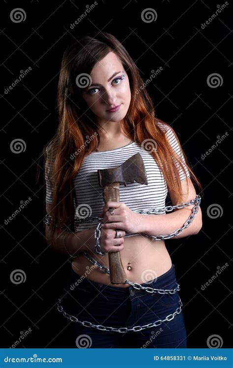 Pretty Woman Tied With Long Metal Chain With An Ax Stock Image Image Of Black Girls 64858331