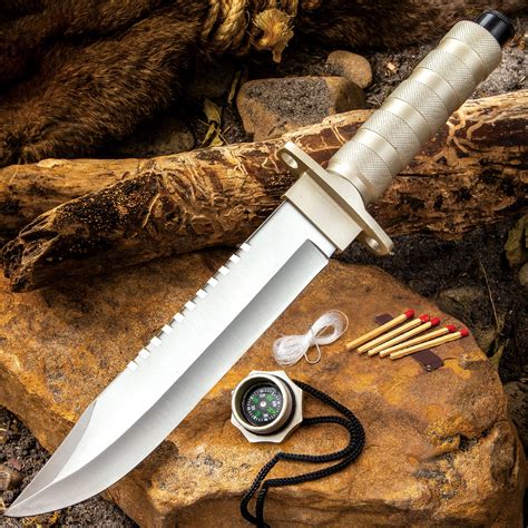 Silver Survival Knife With Watertight Compartment And Sheath