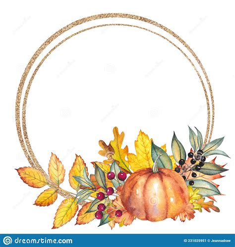 Gold Autumn Frame With Pumpkin Colorful Leaves And Berries Stock