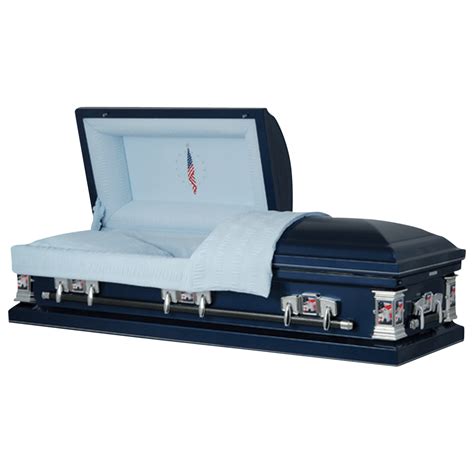 Dark Blue Steel Coffin Casket With Flag At Rest Made In Usa Titan