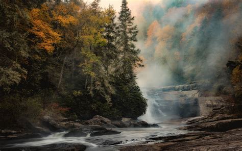 Download Wallpapers Autumn Landscape Mountain River Waterfall Fog