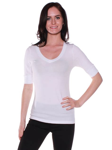 Essential Basic Womens Cotton Blend V Neck Tee Shirt Half Sleeves White M