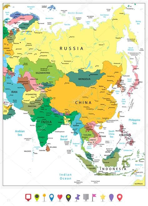 Asia Mapa Pol Tico Muy Detallado E Iconos Planos