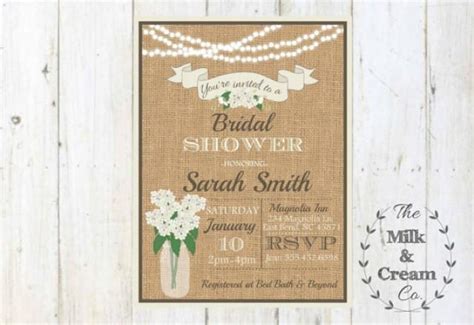 Rustic Burlap Hydrangea Mason Jar String Lights Bridal Shower Invite