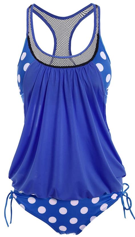 Polka Dot Print Round Neck Racerback Tankini With Padded Bra Modest