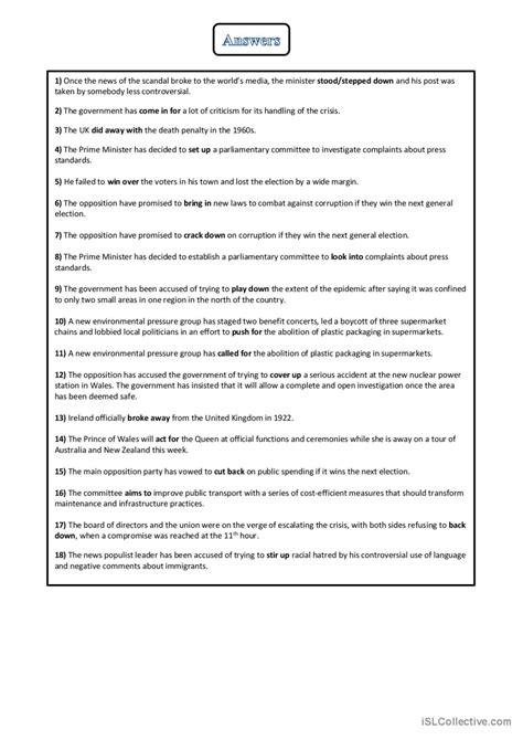 Phrasal Verbs About Politics Discuss English Esl Worksheets Pdf And Doc