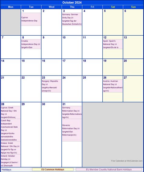 October 2024 Eu Calendar With Holidays For Printing Image Format