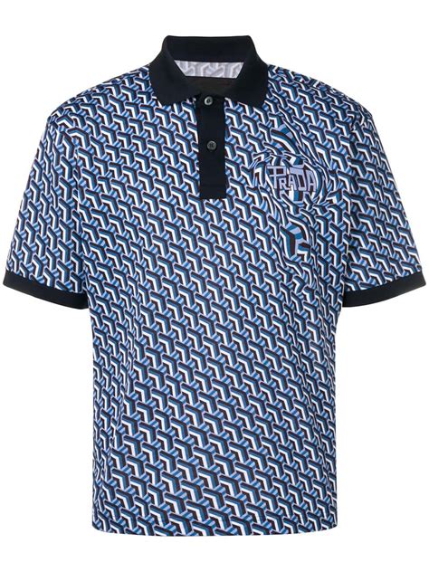 Prada Prada Geometric Printed Polo Shirt Blue Prada Cloth Prada