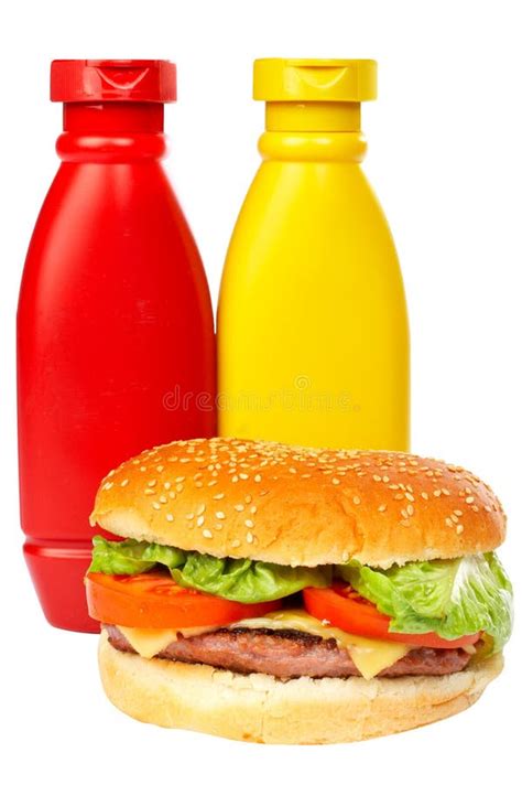Burger With Mustard And Ketchup Bottles Stock Image Image Of Cheese