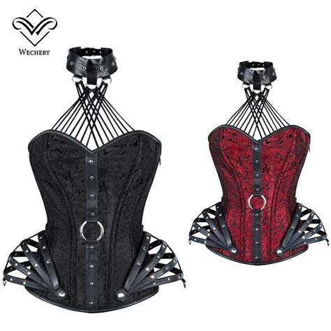 Wechery Steampunk Corset Gothic Clothing Sexy Faux Leather Halter Steel Boned Zip Corsets And