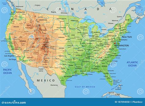 High Detailed United States Of America Physical Map With Labeling