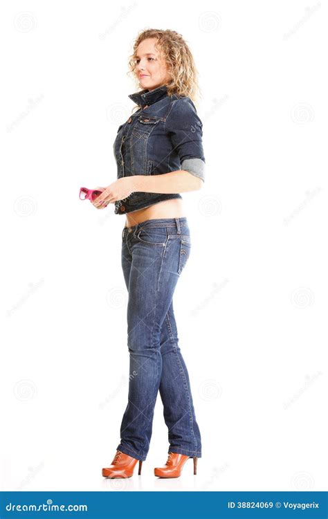 Woman Blond Standing Full Body In Jeans Isolate Stock Image Image Of
