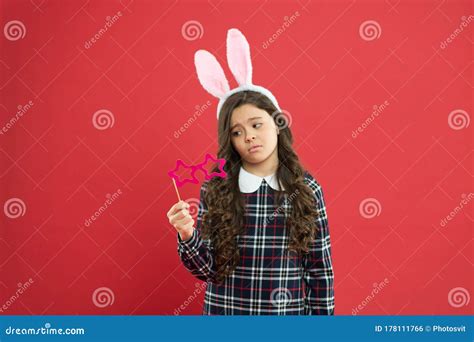 Cheer Up Little Cute Bunny Having Fun Schoolgirl Bunny Ears Girl In Easter Bunny At Egg Hunt