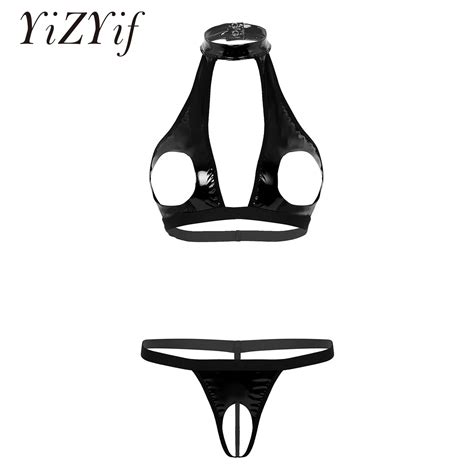 Women Sexy Lingerie Open Bra Top With Crotchless G String Thong Underwear Wet Look Faux Leather