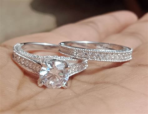 Wedding Ring Set 14k Solid White Gold Over Round Simulated Etsy