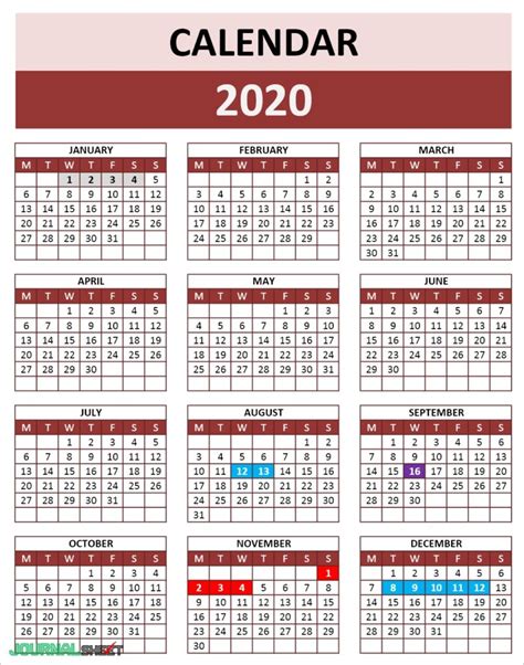 Yearly Calendars Journalsheet