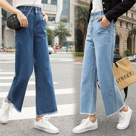 Korean Women New Wide Leg Jeans Straight Slim Sasual Denim Long Pants
