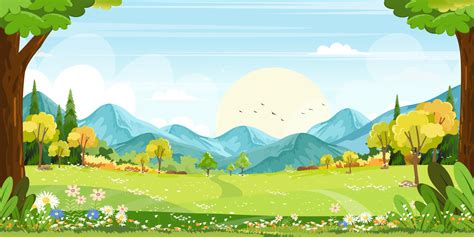 Panorama View Of Spring Village With Green Meadow On Hills With Blue