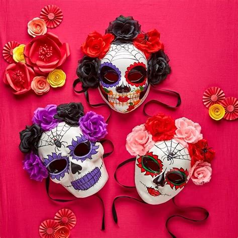 Day Of The Dead Skull Paper Mache Halloween Mask Flowers And Ribbon