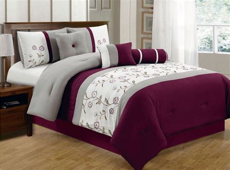 Since the gray color on the walls is neutral, you want to choose accent shades that contrast with the warm burgundy curtains. 7 Piece Queen Burgundy/Gray/Ivory Floral Embroidered ...