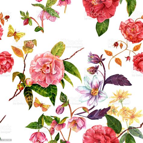 Vintage Seamless Background Pattern With Watercolor Flowers Stock