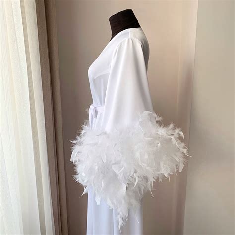 Feather Robe Long White Boudoir Robe Kimono Bridal Robe Etsy Canada