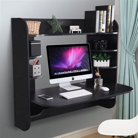 Floating desk wall mounted desk with storage shelves home computer table desk. Yescom Computer Floating Desk Wall Mounted Wood Laptop ...