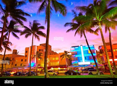 Miami Beach South Beach Sunset In Ocean Drive Florida Art Deco Stock