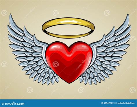 Red Heart With Angel Wings And Halo Stock Vector Illustration Of
