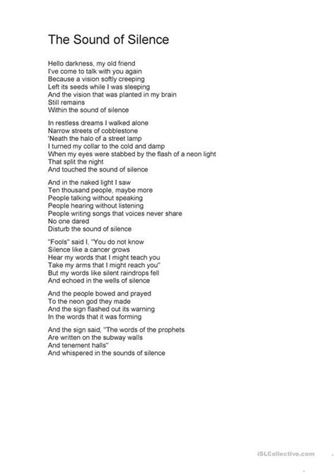 The sound of Silence song worksheet | Silence, Songs, Dream l