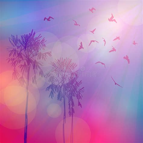 Silhouette Of Palm Trees And Birds Sky Pink Stock Vector
