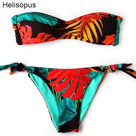 Helisopus Brazilian Swimsuit Womens Bikini 2018 Spring Red Green Leaf Biquini Swimwear Bathing