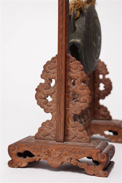 Asian Table Gong Bronze On Carved Wood Stand