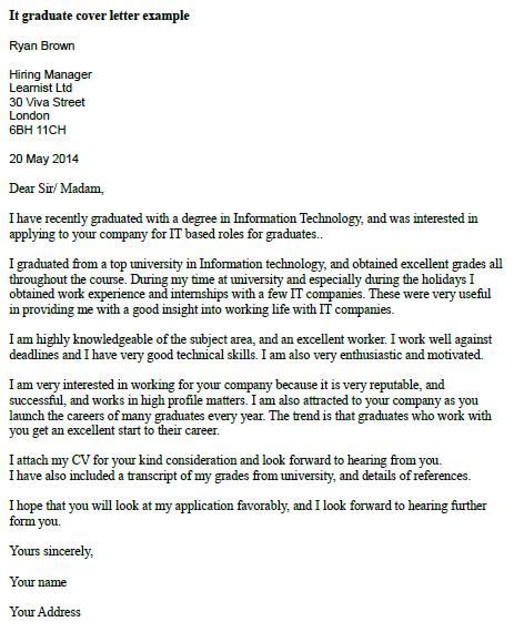 Job position hr recruiter junior for graduate application. IT Graduate Cover Letter Example - Learnist.org