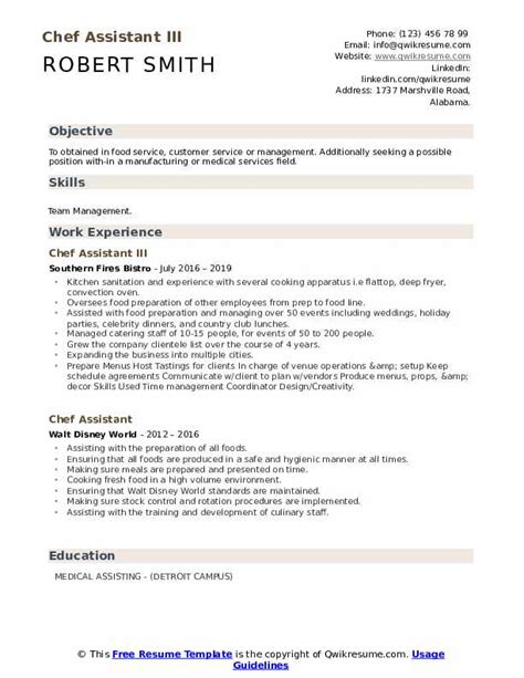 Chef Assistant Resume Samples Qwikresume