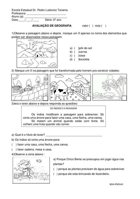 Avaliação De Geografia Sobre Paisagem Natural E Modificada 3o Ano